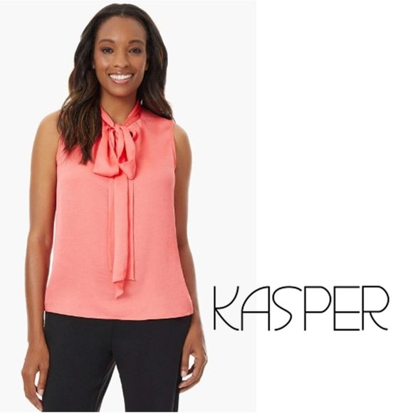 Kasper Tops - KASPER Sleeveless Bow Neck Crepe Blouse in Luxe Salmon  🎀   NEW WITH TAGS!
